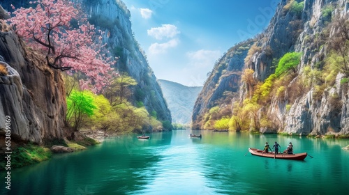 attractive springtime view of the Matka Canyon, a well-known tourist site. Beautiful country of North Macedonia in the morning. Background of the concept of travel.