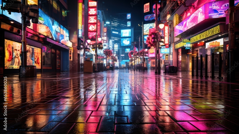 Vibrant streetscapes alive with neon lights - obrazy, fototapety, plakaty 
