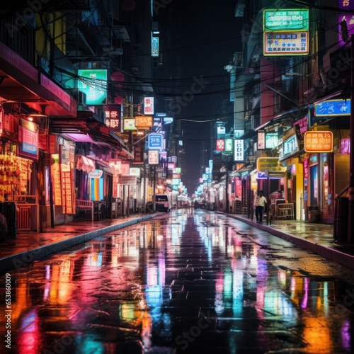 Vibrant streetscapes alive with neon lights