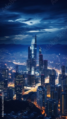 Aerial view of city skyline at night