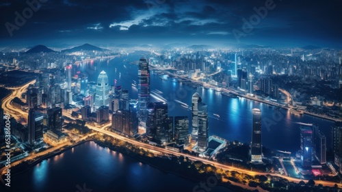 Aerial view of city skyline at night