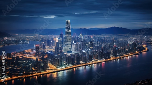 Aerial view of city skyline at night
