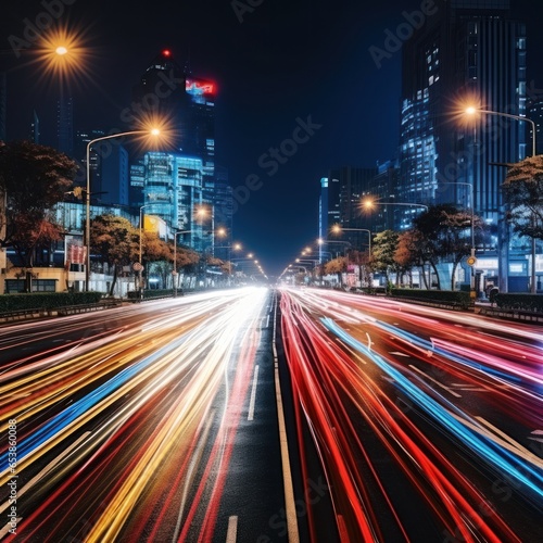 Colorful light trails from passing cars at night