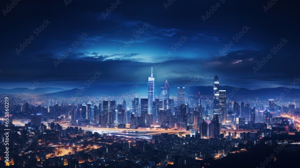 Aerial view of city skyline at night
