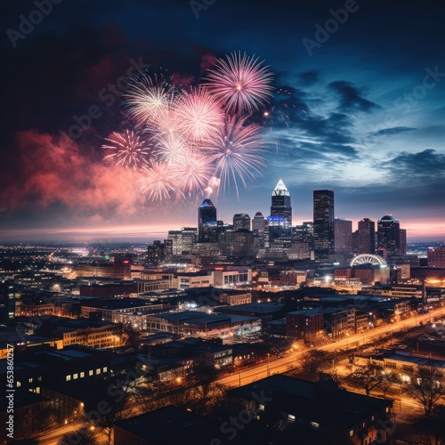 Spectacular fireworks display over downtown buildings