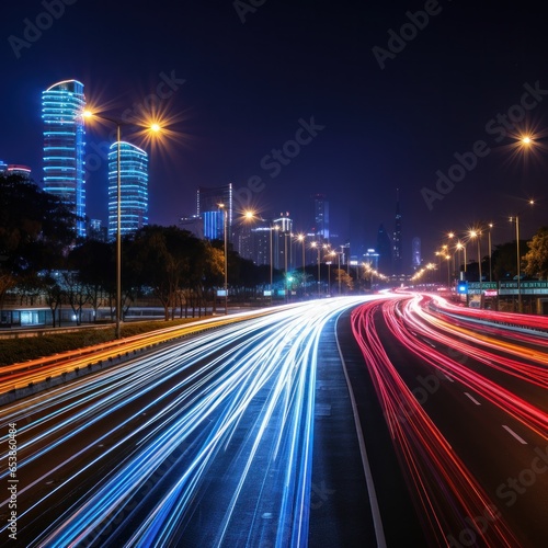 Colorful light trails from passing cars at night
