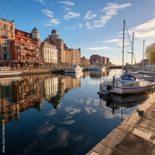 Serene waterfront cityscape with reflections in water © olegganko