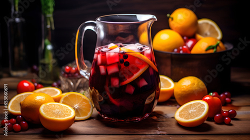 Homemade red wine sangria with orange, apple, strawberry and ice in pitcher and glass on rustic wooden background