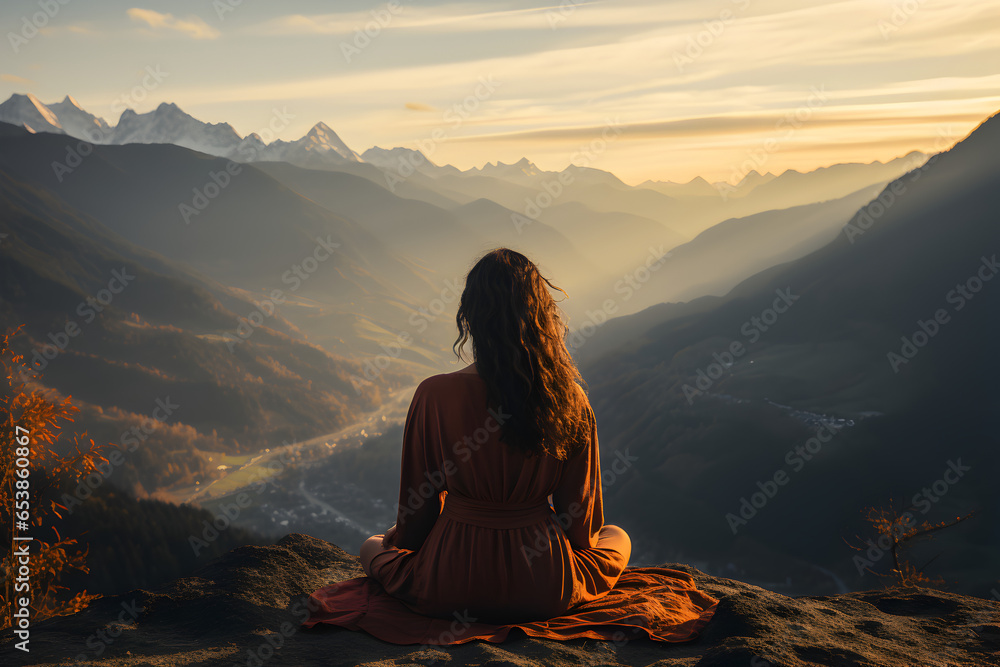 Young woman meditate on the top of mountain - obrazy, fototapety, plakaty 