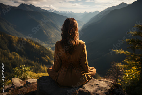 Young woman meditate on the top of mountain © Gonzalo