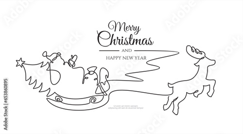 Continuous one single line drawing of Santa claus on sleigh full of gifts. Line illustration. Happy new year decoration. Merry christmas holiday. New year and xmas.