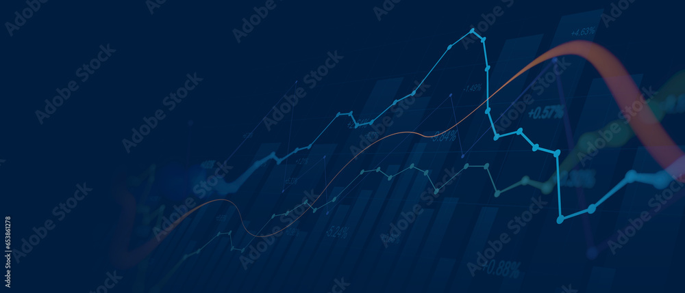 Widescreen Abstract financial graph with uptrend line and bar chart of stock market on blue color background - obrazy, fototapety, plakaty 