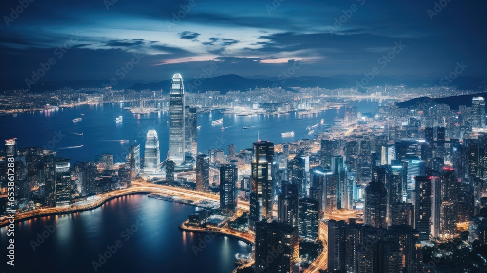 Fototapeta premium Aerial view of city skyline at night