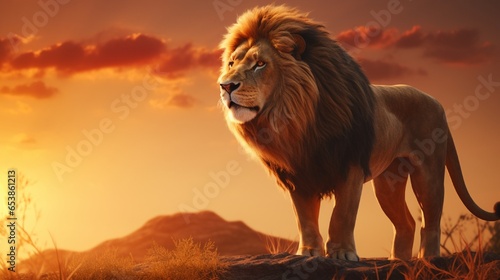 African lions and the setting sun. King of animals  a savannah setting with palm trees. Stunning warm sunlight and ominous clouds in the sky. Portrait of a proud  daydreaming leo in a forward-looking 