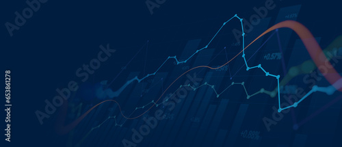 Widescreen Abstract financial graph with uptrend line and bar chart of stock market on blue color background photo