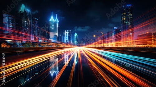 Colorful light trails from passing cars at night