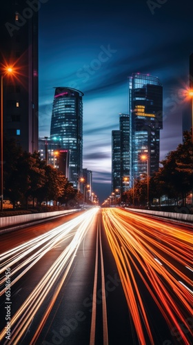 Colorful light trails from passing cars at night