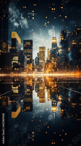 Glittering city lights reflected in glass skyscrapers