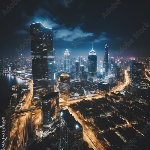 Aerial view of city skyline at night