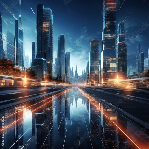 Futuristic cityscape with glowing high-tech architecture