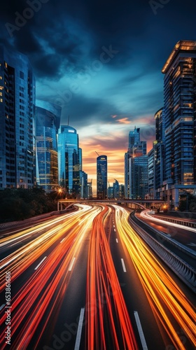 Busy night traffic on illuminated city roads