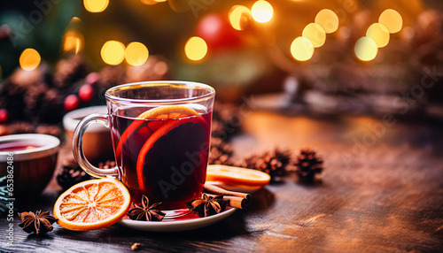 Traditional winter warming Christmas drink mulled wine with orange slices and spices dark background. Festive background