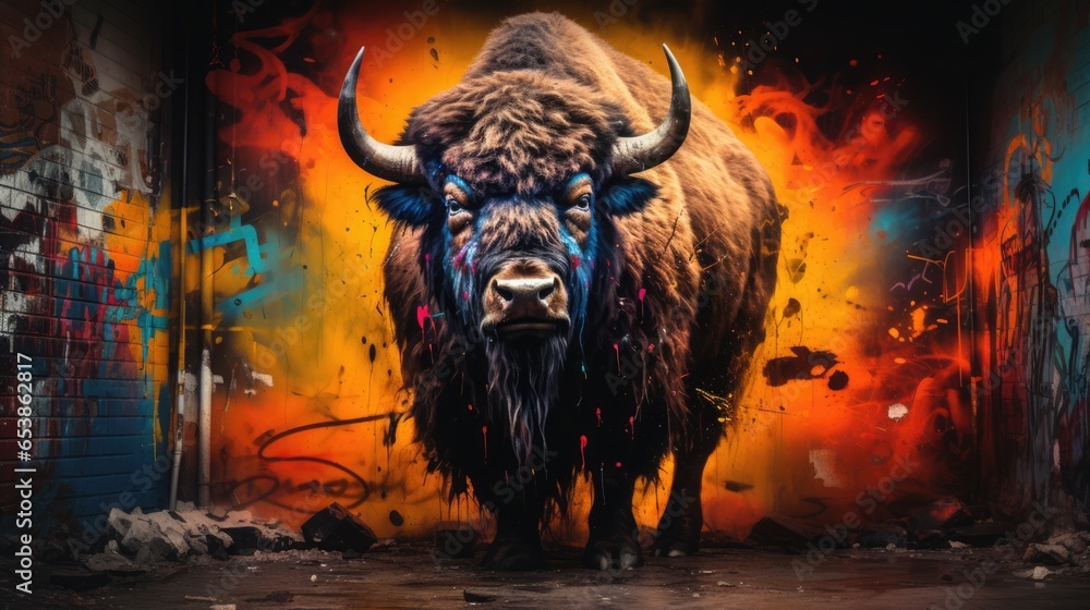 Obraz premium American Bison portrait with street art elements
