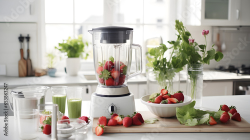 Ingredients for smoothie fresh fruits, berries and vegetables with modern automatically mixer or blender on white kitchen table for making smoothie and juice. healthy eating concept.