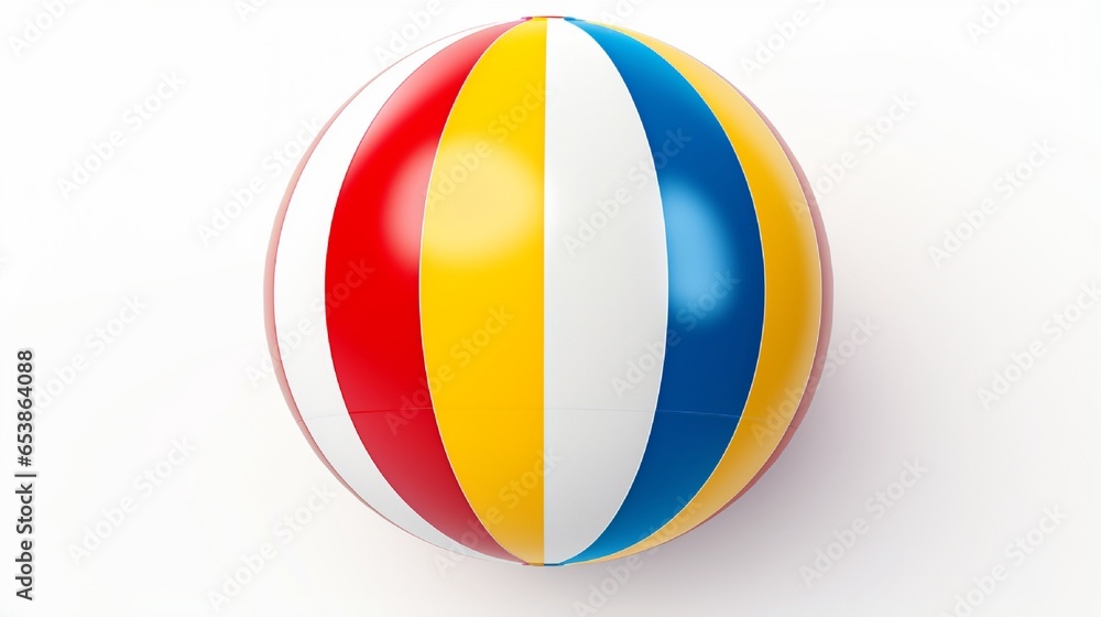 Fototapeta premium Classic red, yellow, and blue striped beach ball resting on a bright, clean white surface for summer.