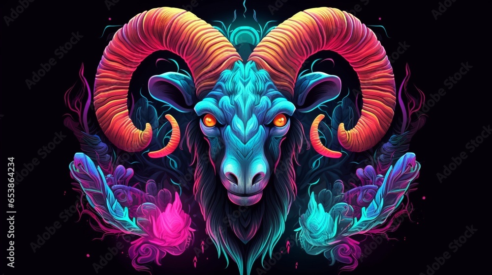 neon ram and horns in the style of night marish illustration.Generative AI
