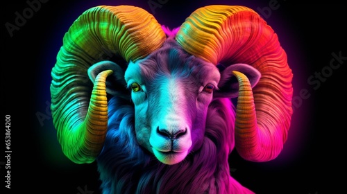 neon rainbow colored Aries Zodiac Sign hyper realism.Generative AI