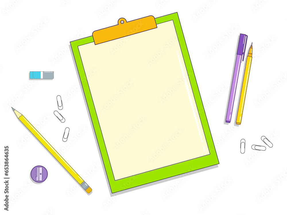 Blank clipboard note and some colorful stationery around it. Illustration on transparent background Blank clipboard note and some colorful stationery around it. Illustration on transparent background