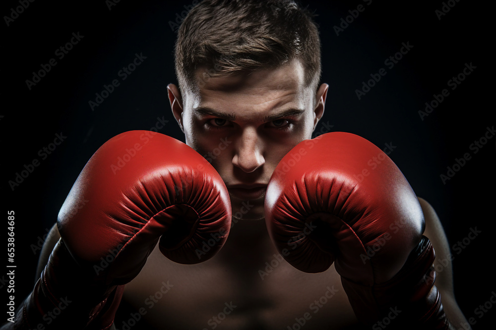 Generative AI photo of confident professional boxer sporty person in a boxing ring isolated in dark background
