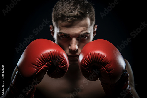 Generative AI photo of confident professional boxer sporty person in a boxing ring isolated in dark background © deagreez