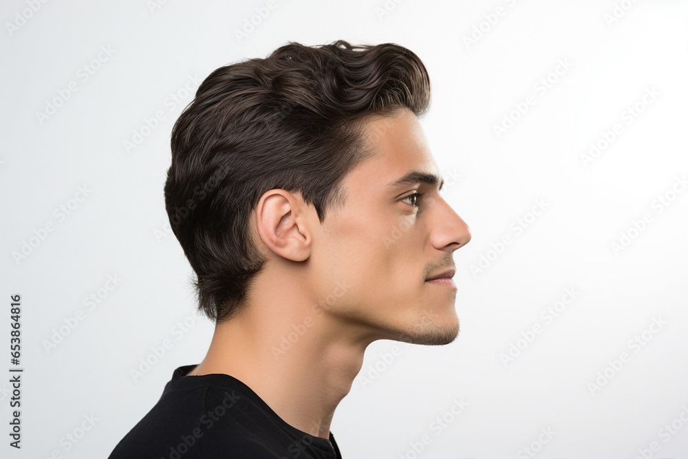 Profile side generative AI photo of a handsome male model demonstrating haircut isolated on white background Profile side generative AI photo of a handsome male model demonstrating haircut isolated on white background