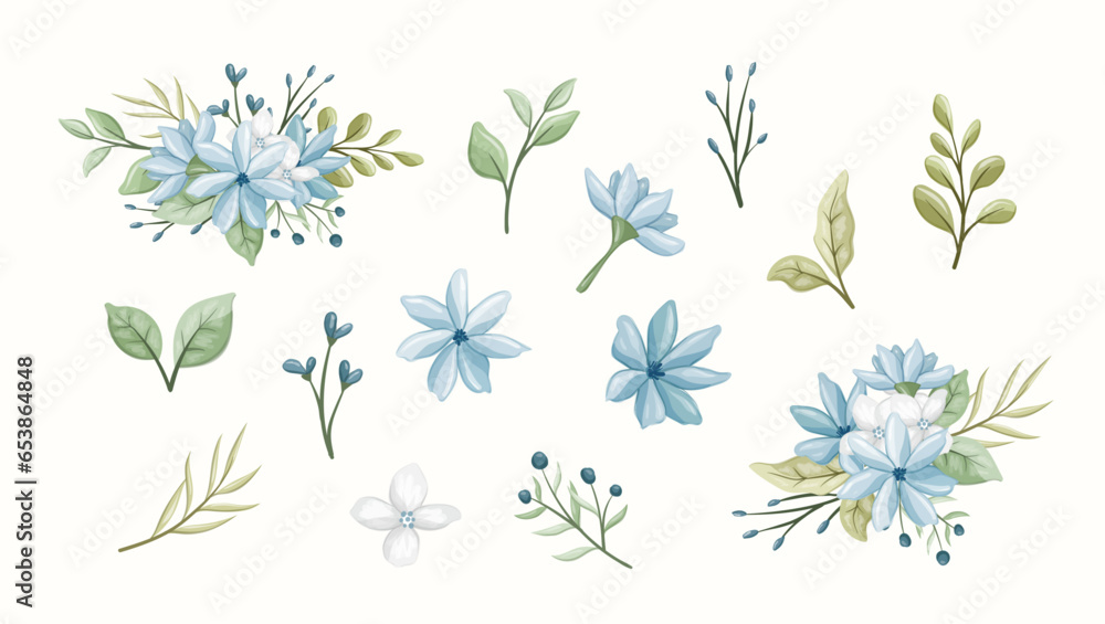 blue flowers and leaves collection