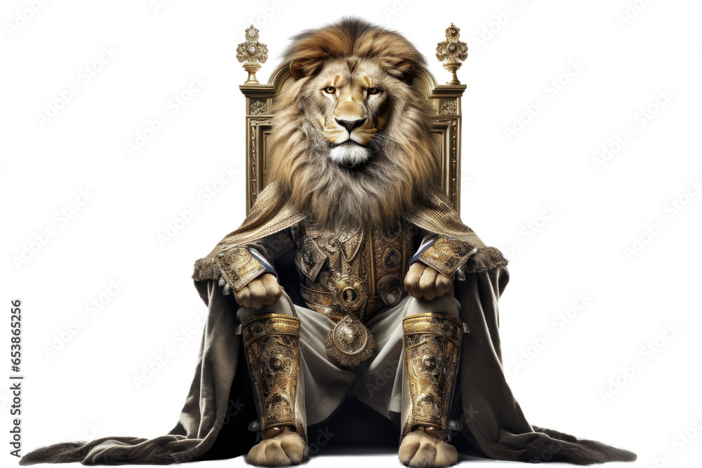 The Royal lion with luxury dress costume. Close up Portrait King lion with throne and crown isolated on transparent png background.