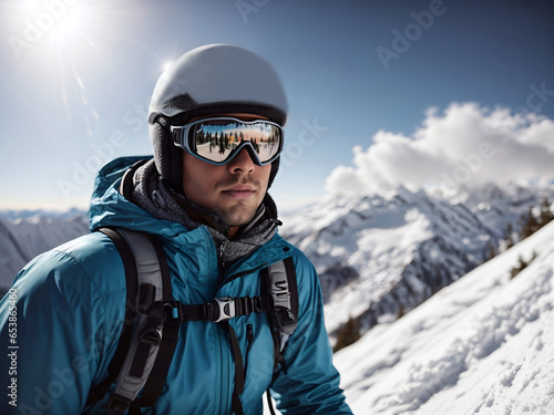 Skier, snowboarder portrait in high mountains in helmet and goggles, extreme sport on a sunny day, healthy lifestyle, copyspace. © Neitiry