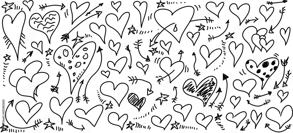 Hand draw shapes heart, love pattern, set doodle