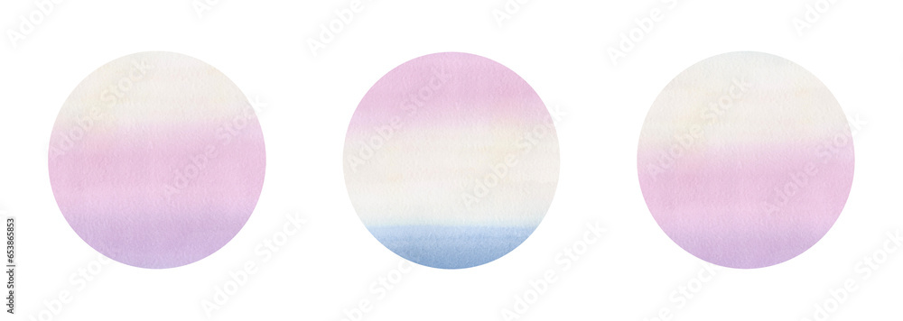 A set of watercolor circles in pastel shades with a gradient isolated on a white background. Hand-drawn. Decorative element for design and decoration. Abstract round background. A set of watercolor circles in pastel shades with a gradient isolated on a white background. Hand-drawn. Decorative element for design and decoration. Abstract round background.