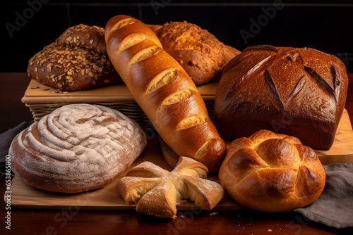 Variety of bread types including sourdough, whole wheat, rye, and challah. Generative AI