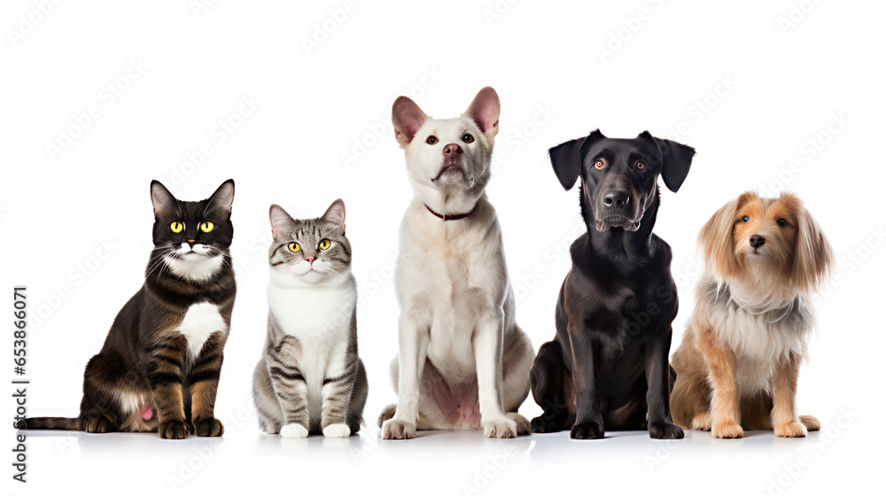 Various breed of dogs and cats posing for a photo in white background