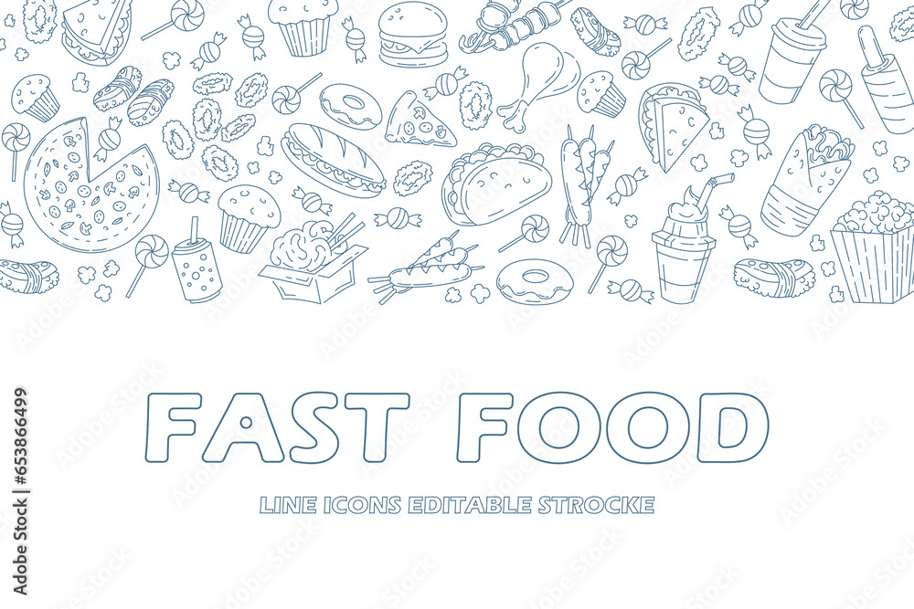 Set of fast food line icons doodles on white. menu or food package design. Vector illustration. Editable strocke