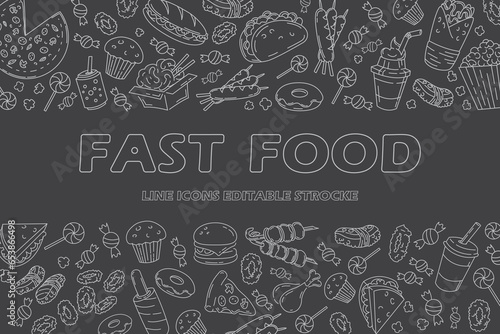 Set of fast food line icons doodles on black. menu or food package design. Vector illustration. Editable strocke photo