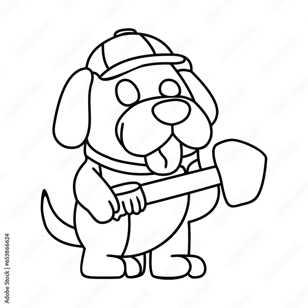 builder dog with a hammer line art