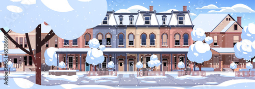 Cozy winter old town city street vector illustration. Snowy architecture buildings banner flat design