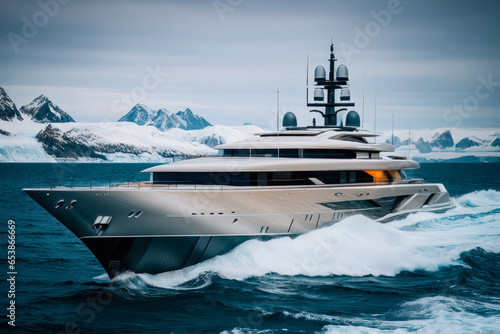 Digital photo of high-speed luxury yacht sailing on the sea in Antarctica. Travel concept. © mikhailberkut