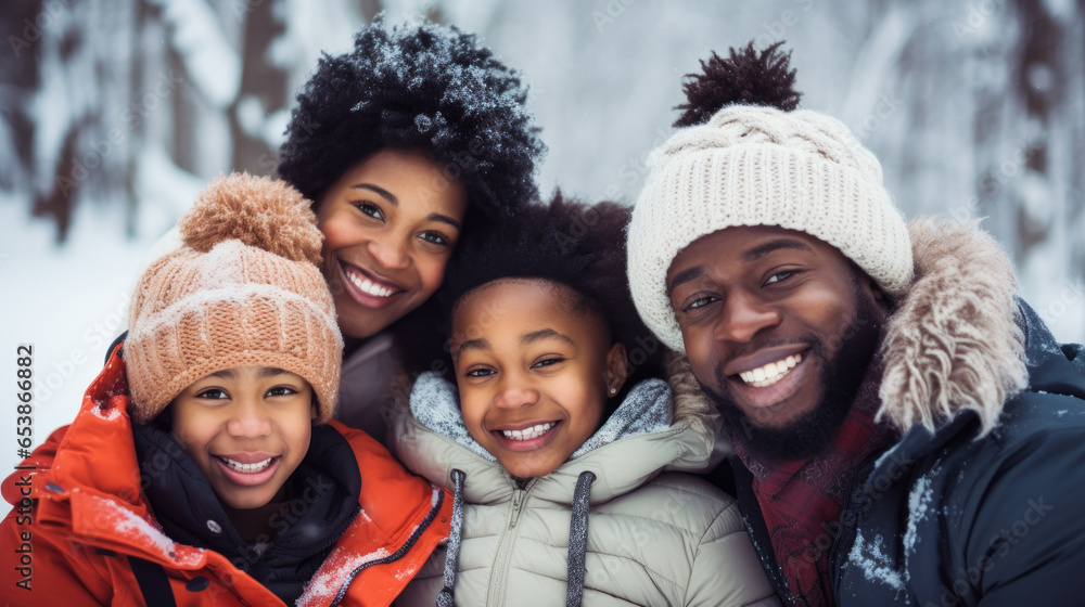 African american family, father and mother with two children close up portrait in park, winter snow season joy. Looking at camera African american family, father and mother with two children close up portrait in park, winter snow season joy. Looking at camera