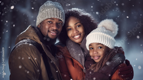 African american family, father and mother with child close up portrait in park, winter snow season joy.
