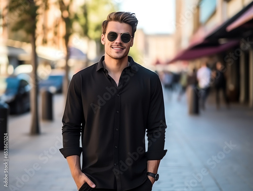 A man with sunglasses wearing blank empty black t-shirt mockup for design template © Pemika